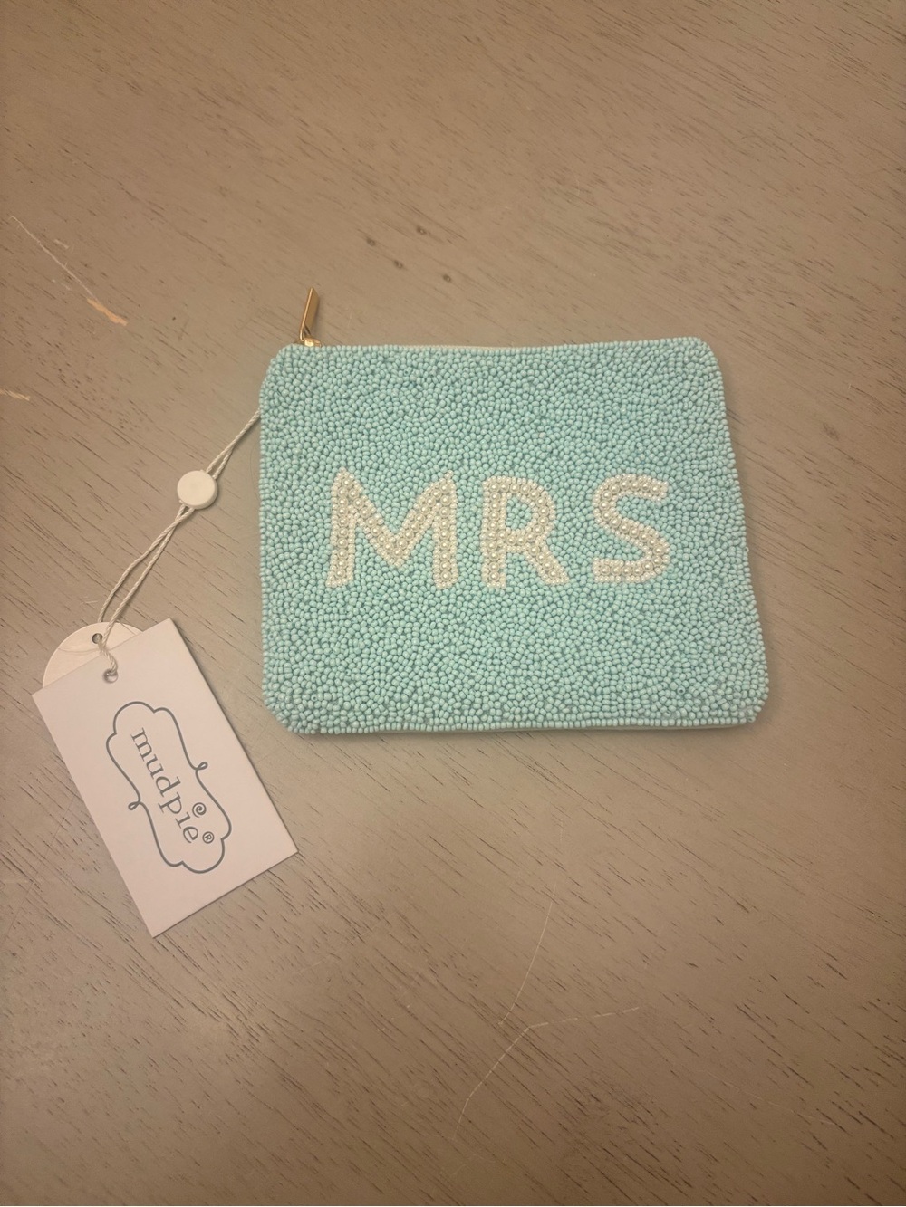 MUDPIE Beaded 'MRS' Pouch - Light Blue NWT #1